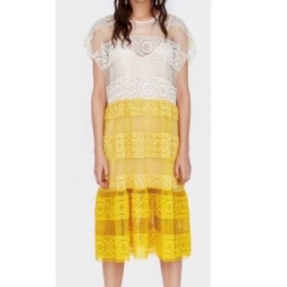 Zara Cream and Yellow Lace Midi Dress